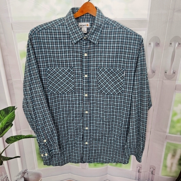 Carhartt Button Shirt Men L Plaid Multi Color Long Sleeve Shirt W/ Double Pocket - Picture 1 of 7